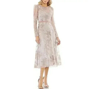 Mac Duggal Midi Dress 10 Beaded Crew Neck Illusion Long Sleeve Pink Rose $598